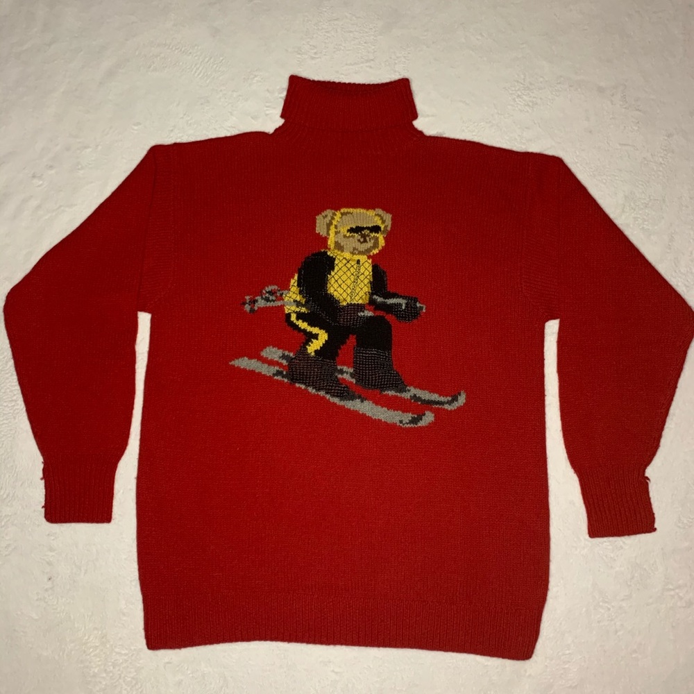 Rare OG Polo Ralph Lauren Turtle Neck Ski Bear Knit Sweater Cashmere Stadium 92